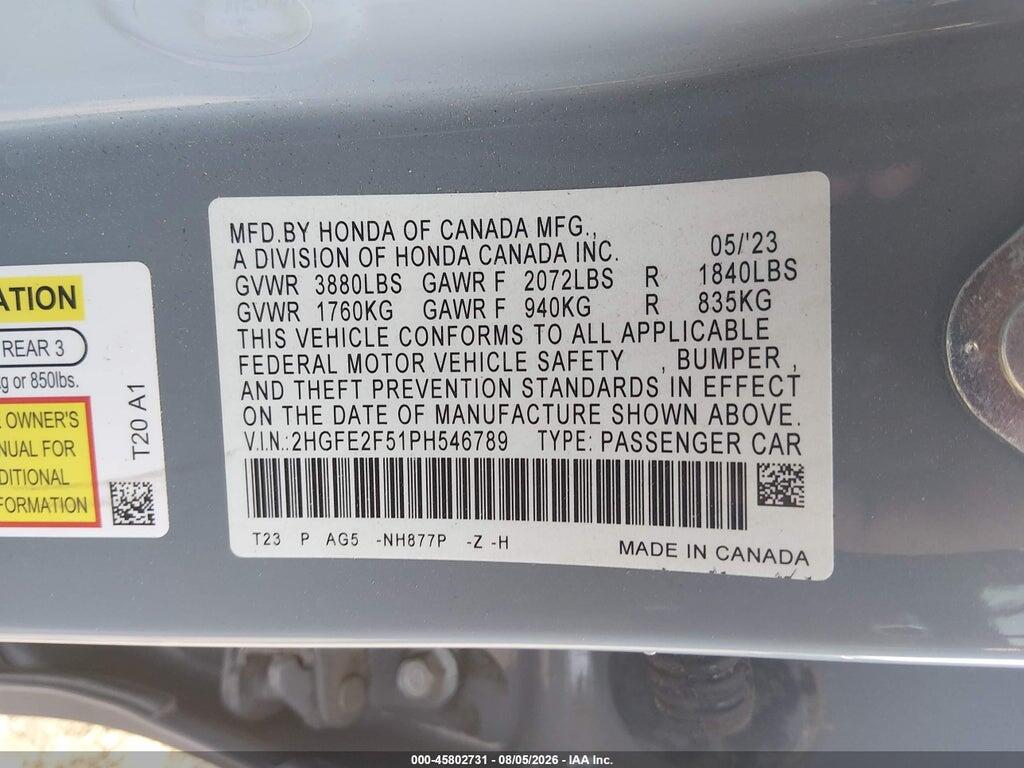2HGFE2F51PH546789 2023 HONDA CIVIC photo no. 9