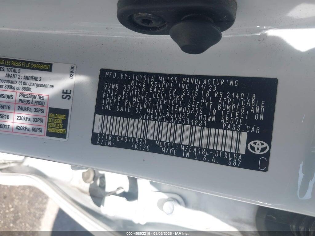5YFB4MDE9PP011881 2023 TOYOTA COROLLA photo no. 9