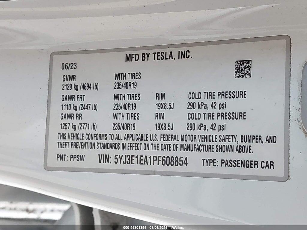 5YJ3E1EA1PF608854 2023 TESLA MODEL 3 photo no. 9