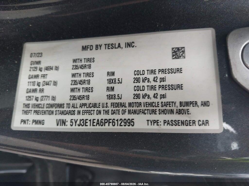 5YJ3E1EA6PF612995 2023 TESLA MODEL 3 photo no. 9