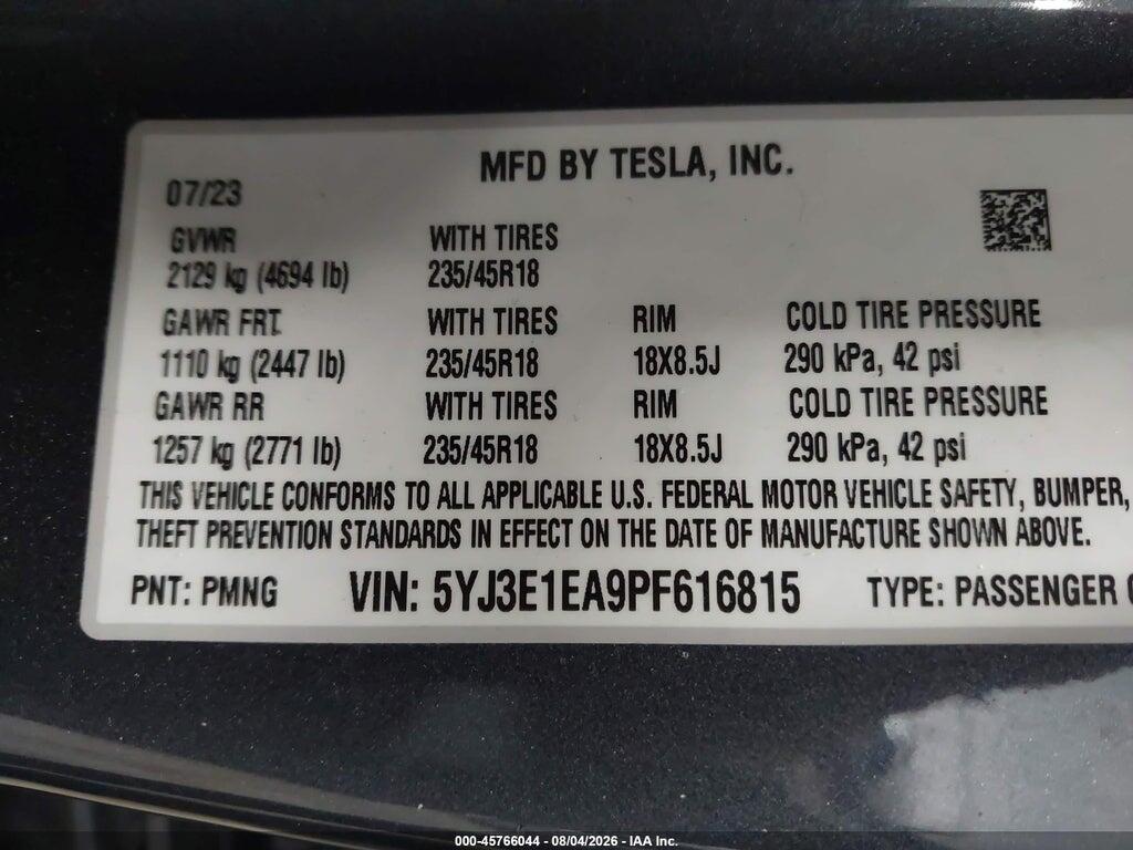 5YJ3E1EA9PF616815 2023 TESLA MODEL 3 photo no. 9