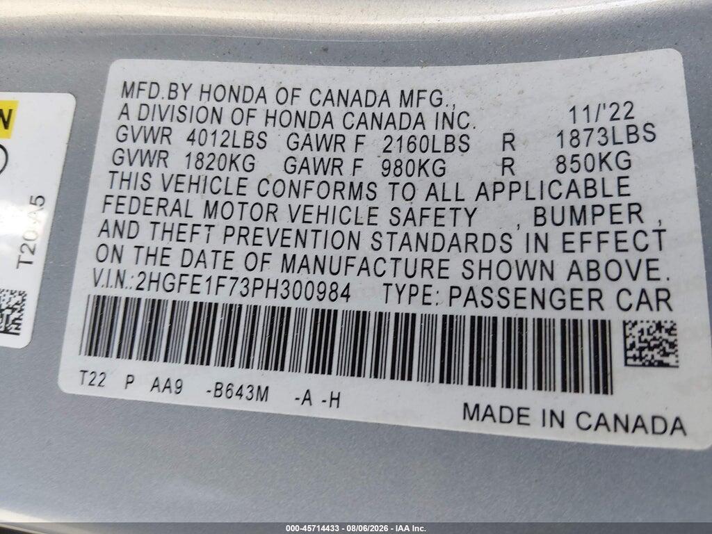 2HGFE1F73PH300984 2023 HONDA CIVIC photo no. 9