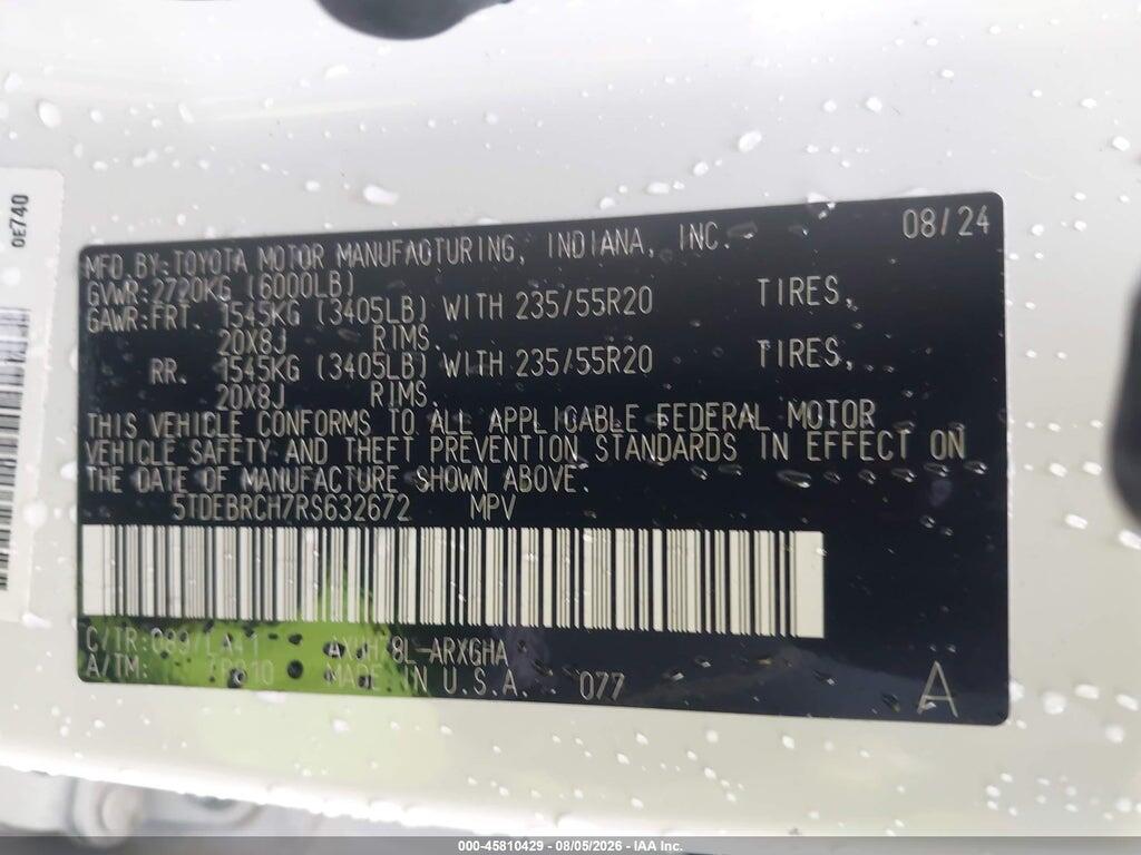5TDEBRCH7RS632672 2024 TOYOTA HIGHLANDER HYBRID photo no. 9