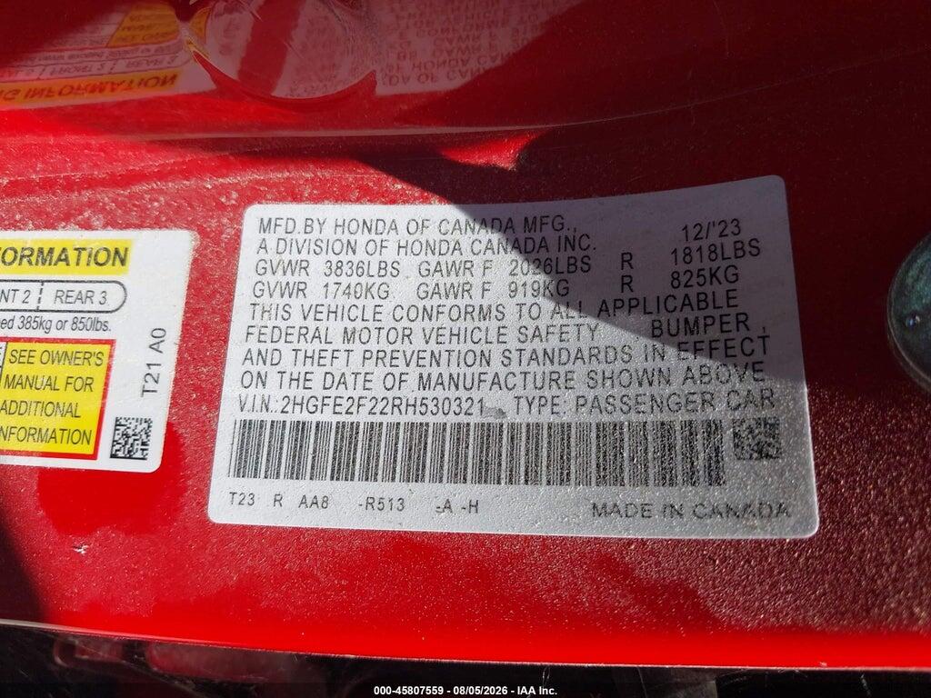2HGFE2F22RH530321 2024 HONDA CIVIC photo no. 9