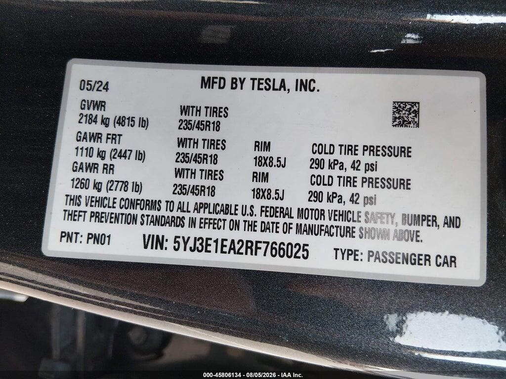5YJ3E1EA2RF766025 2024 TESLA MODEL 3 photo no. 9