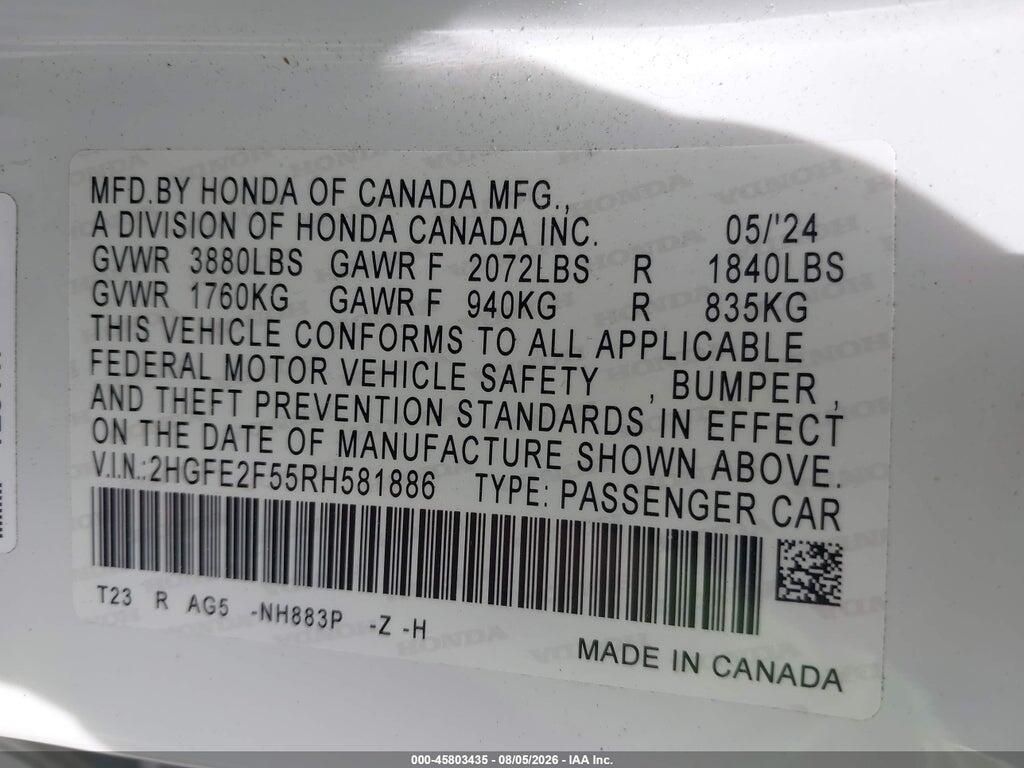 2HGFE2F55RH581886 2024 HONDA CIVIC photo no. 9
