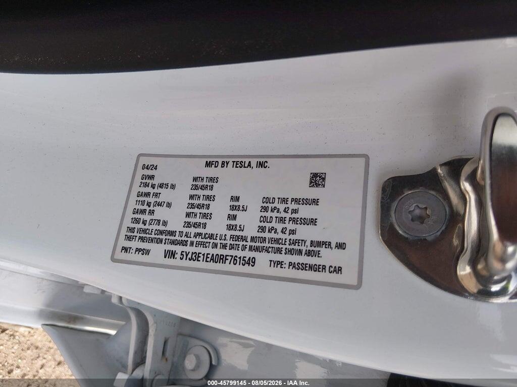 5YJ3E1EA0RF761549 2024 TESLA MODEL 3 photo no. 9