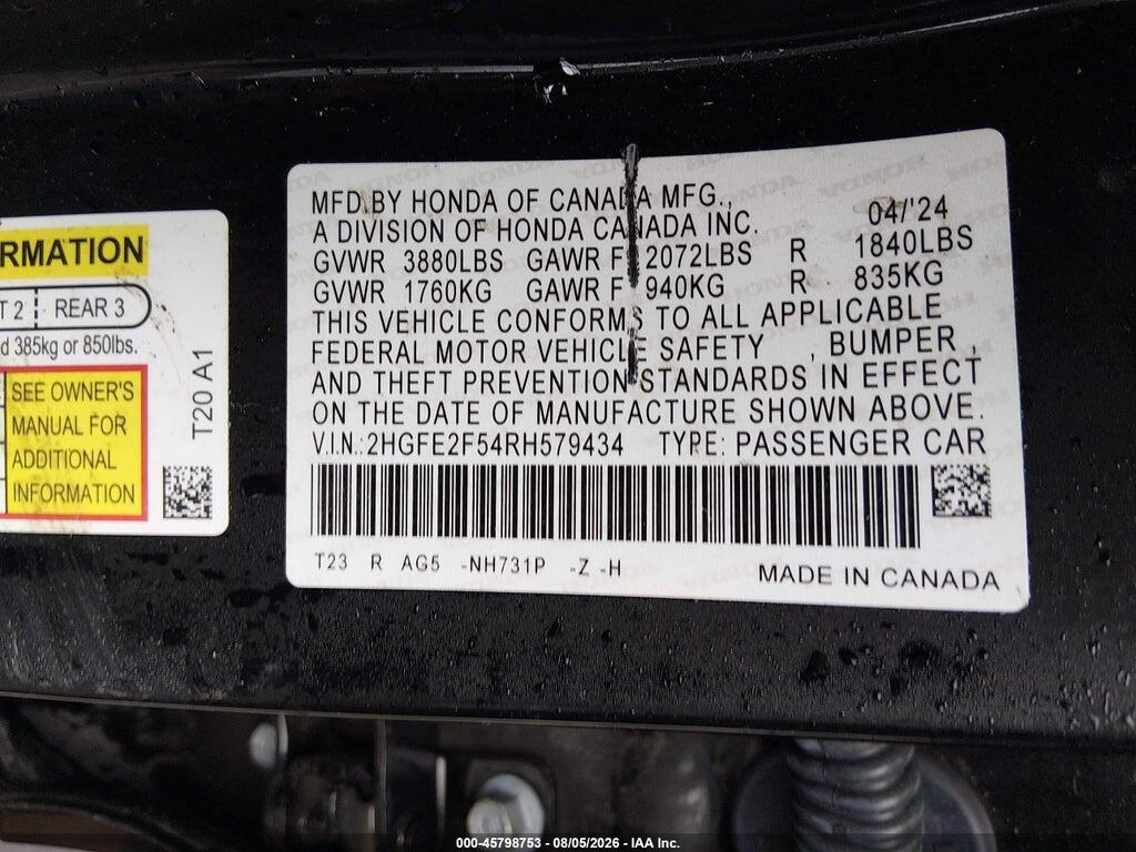 2HGFE2F54RH579434 2024 HONDA CIVIC photo no. 9