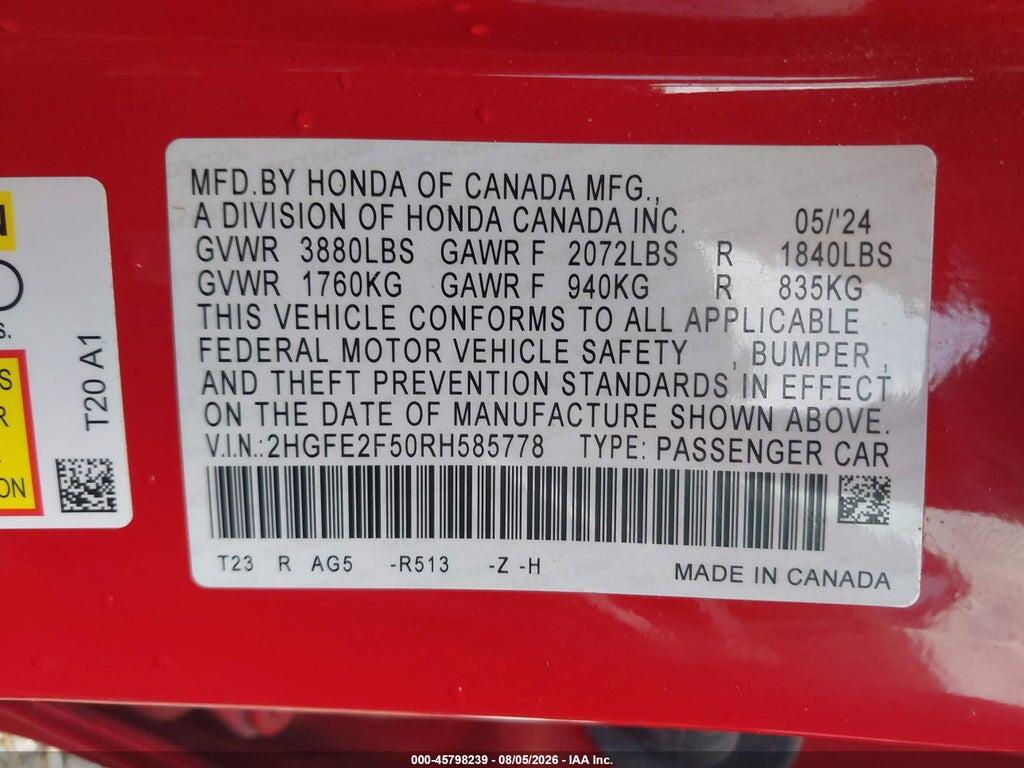 2HGFE2F50RH585778 2024 HONDA CIVIC photo no. 9