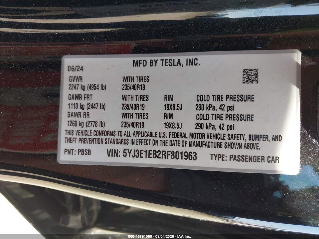 5YJ3E1EB2RF801963 2024 TESLA MODEL 3 photo no. 9