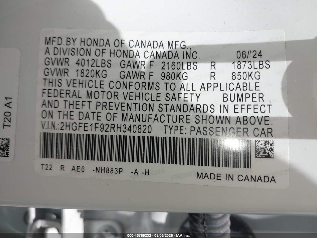 2HGFE1F92RH340820 2024 HONDA CIVIC photo no. 9