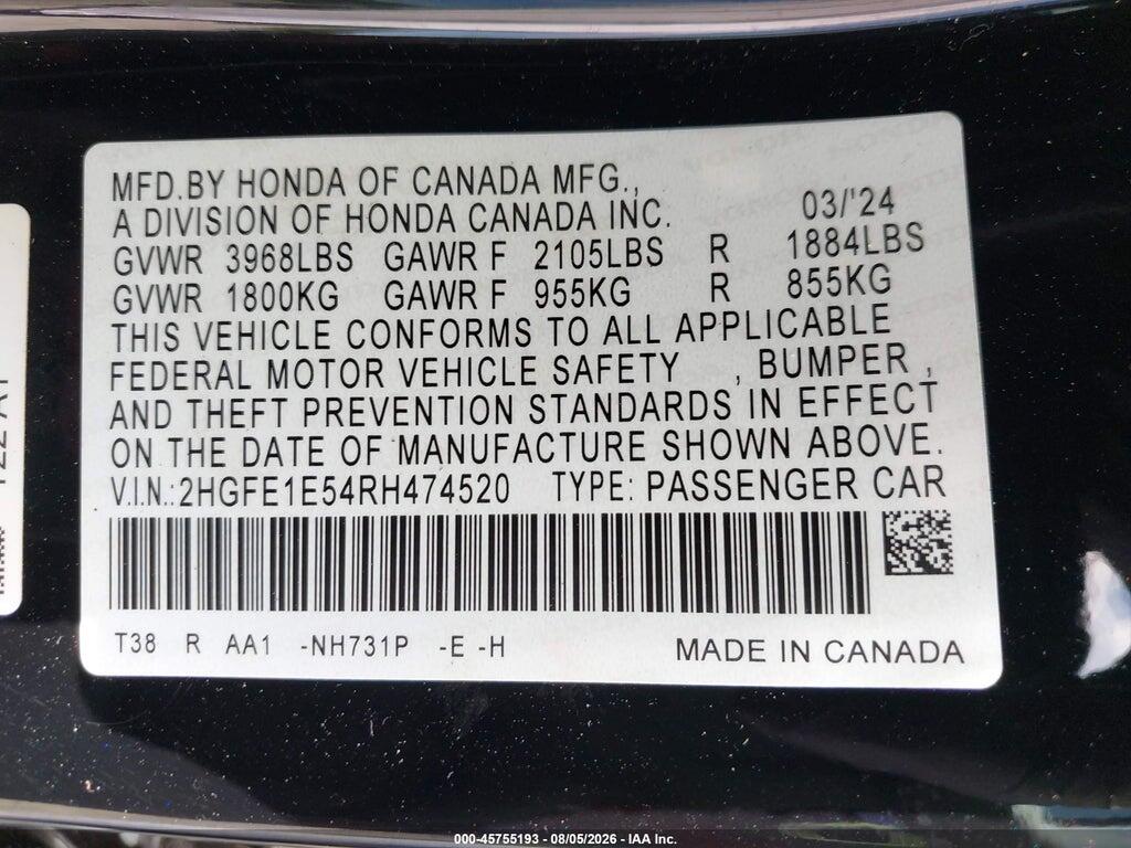 2HGFE1E54RH474520 2024 HONDA CIVIC SI photo no. 9