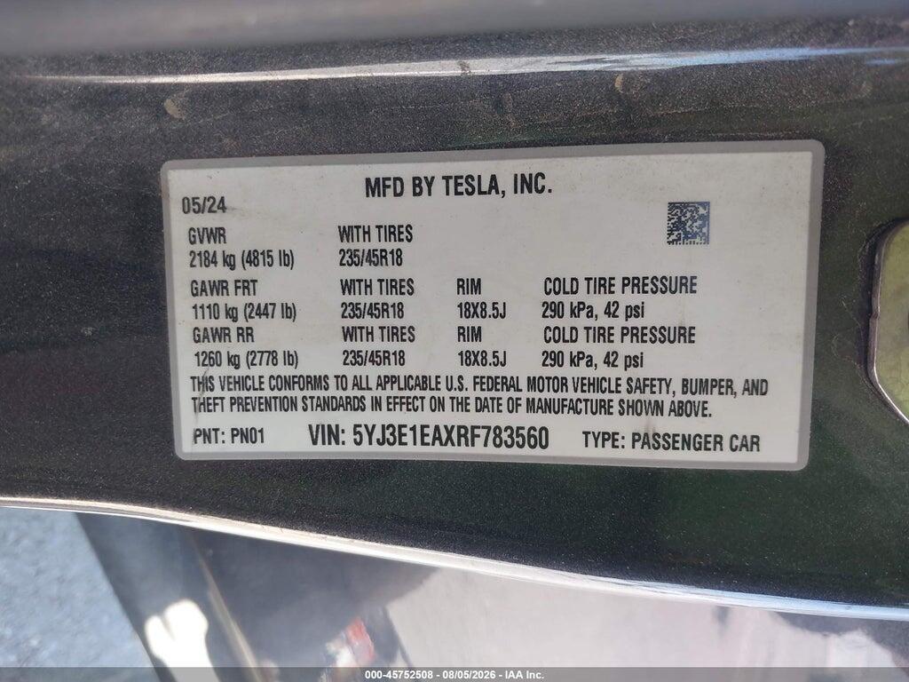 5YJ3E1EAXRF783560 2024 TESLA MODEL 3 photo no. 9
