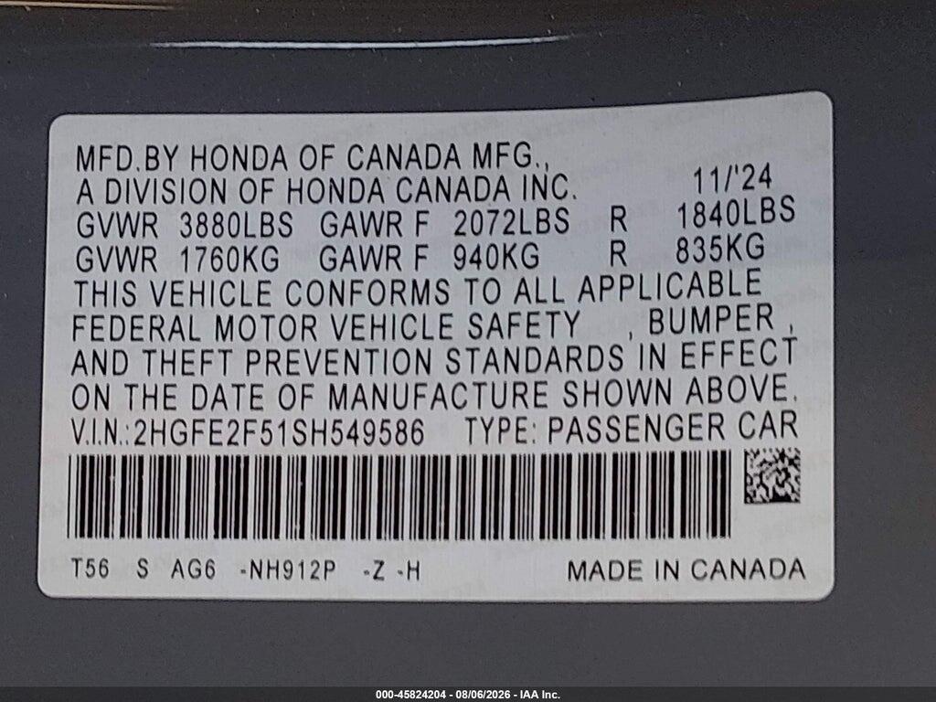 2HGFE2F51SH549586 2025 HONDA CIVIC photo no. 9