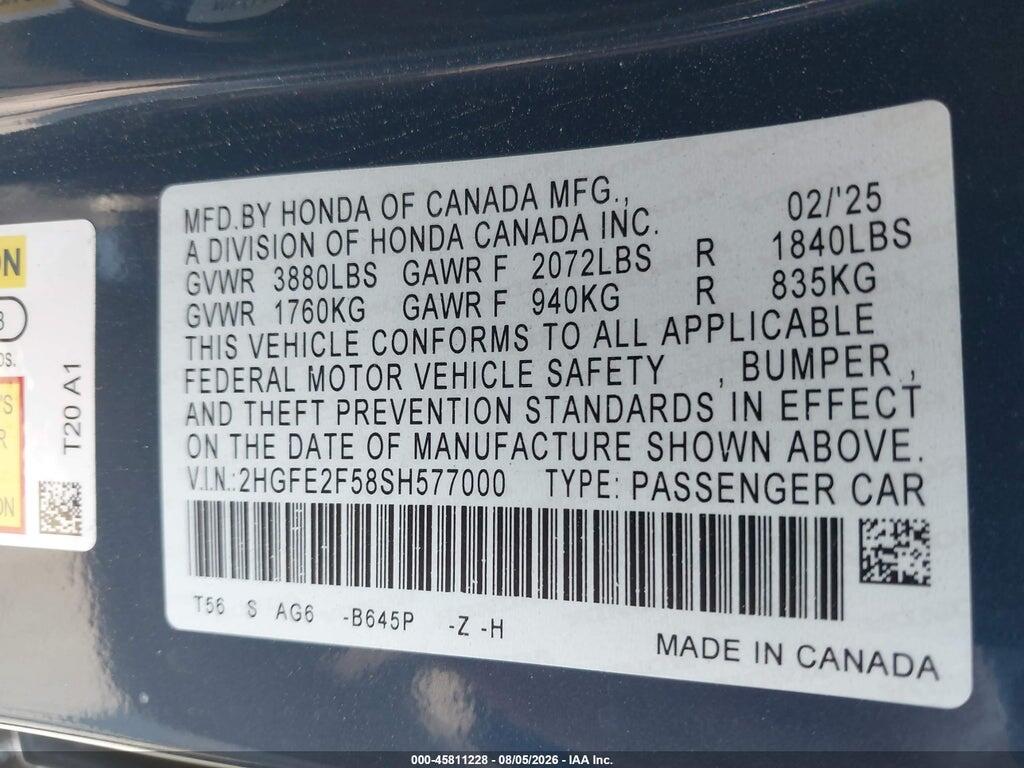 2HGFE2F58SH577000 2025 HONDA CIVIC photo no. 9