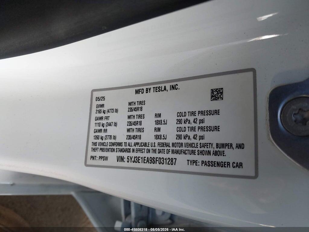 5YJ3E1EA9SF031287 2025 TESLA MODEL 3 photo no. 9