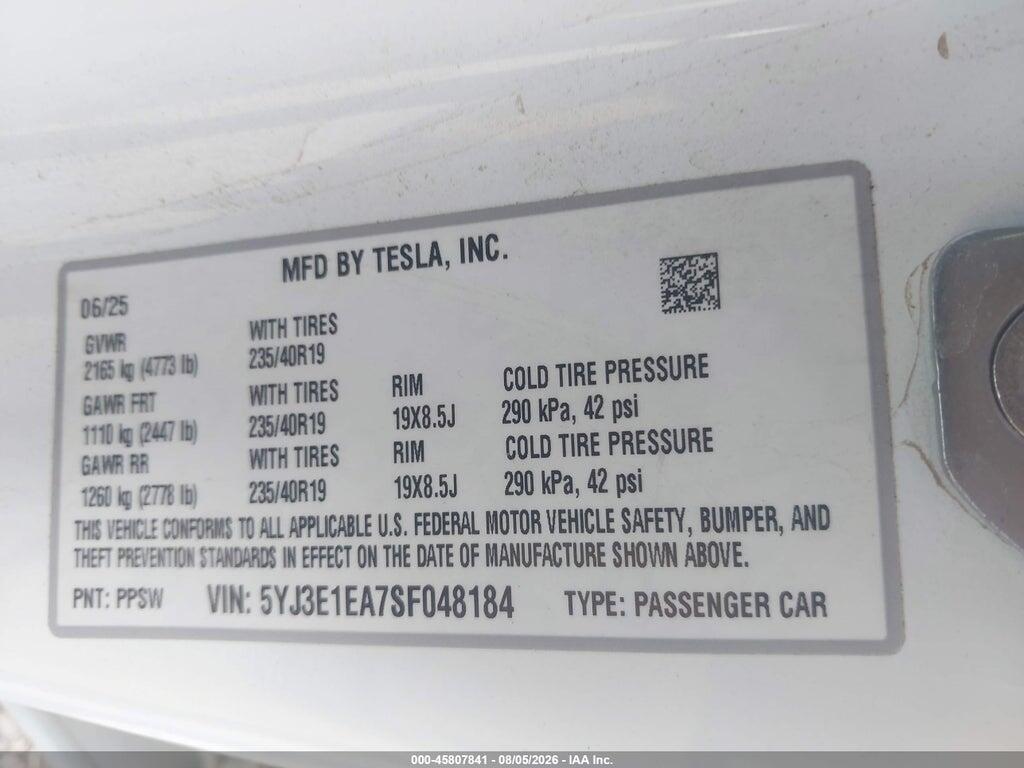 5YJ3E1EA7SF048184 2025 TESLA MODEL 3 photo no. 9