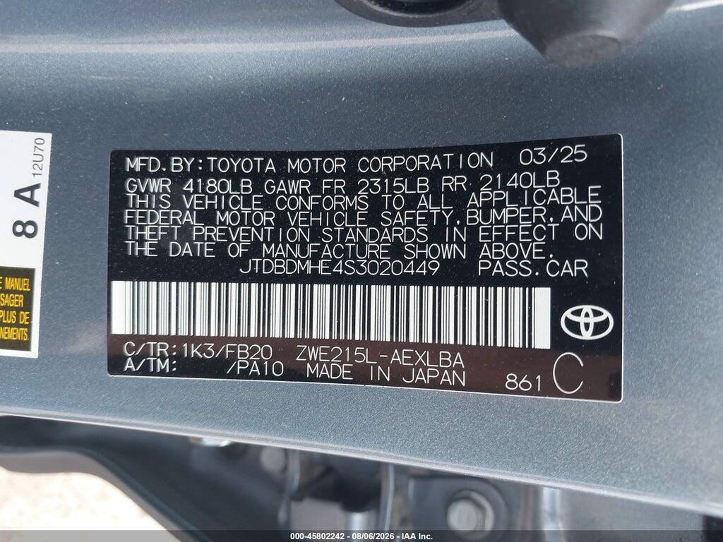 JTDBDMHE4S3020449 2025 TOYOTA COROLLA photo no. 9