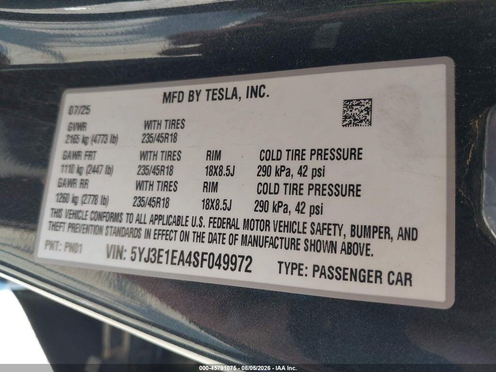 5YJ3E1EA4SF049972 2025 TESLA MODEL 3 photo no. 9