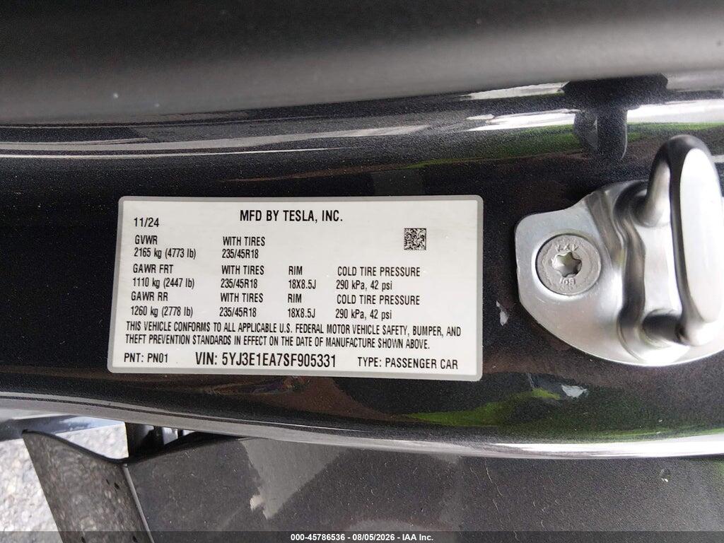 5YJ3E1EA7SF905331 2025 TESLA MODEL 3 photo no. 9