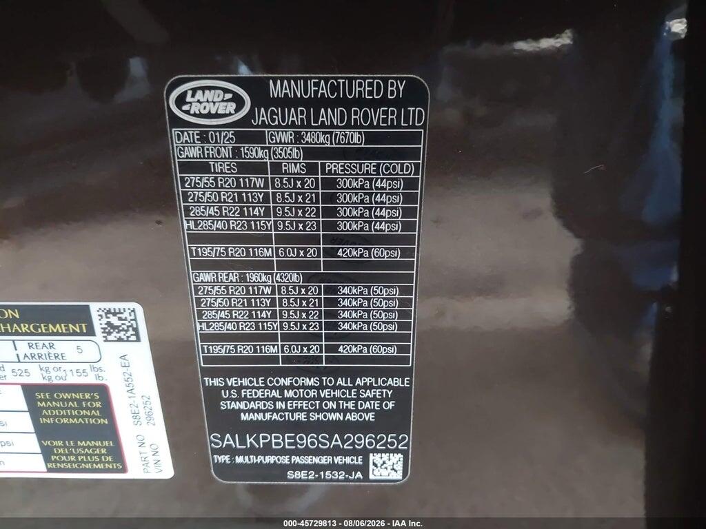 SALKPBE96SA296252 2025 LAND ROVER RANGE ROVER photo no. 9