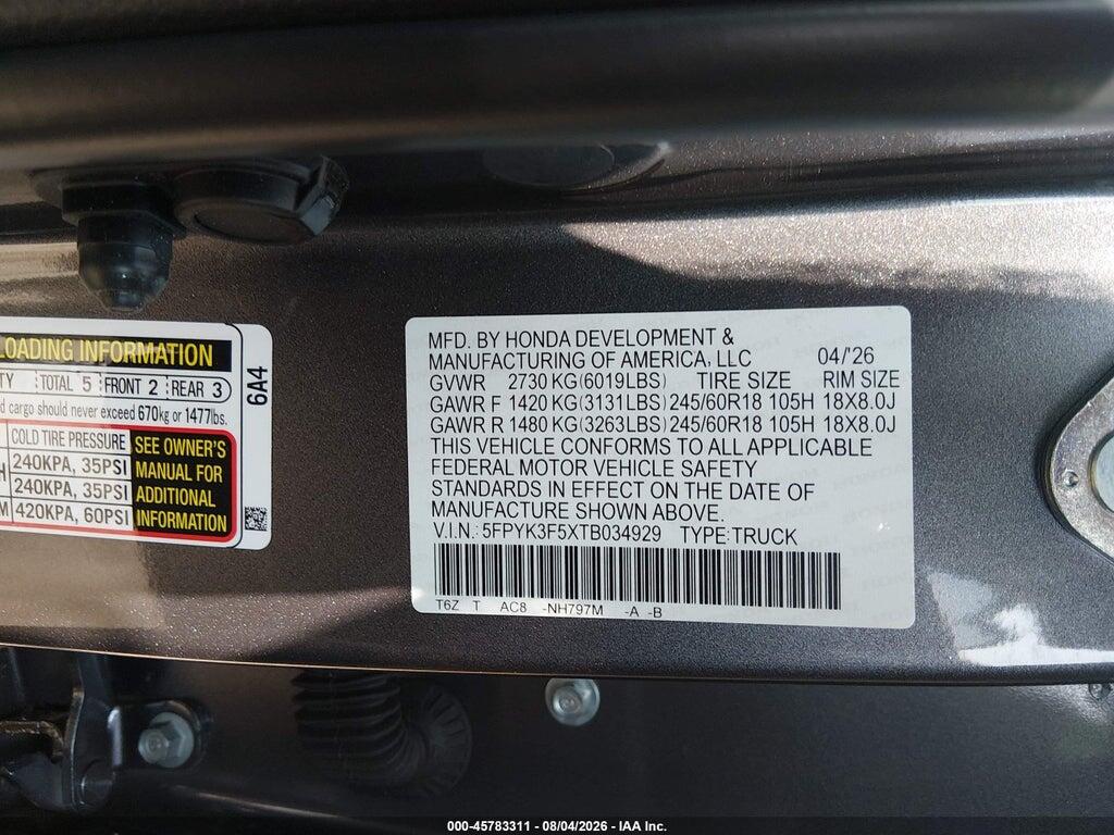 5FPYK3F5XTB034929 2026 HONDA RIDGELINE photo no. 9