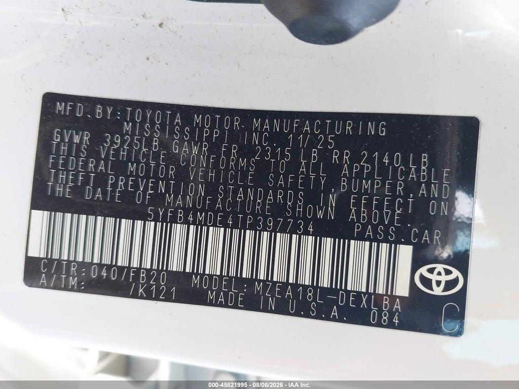 5YFB4MDE4TP397734 2026 TOYOTA COROLLA photo no. 9