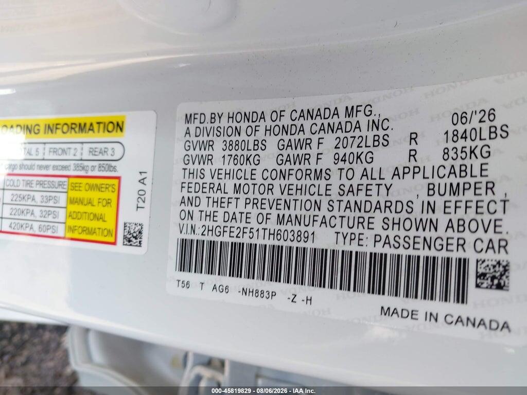 2HGFE2F51TH603891 2026 HONDA CIVIC photo no. 9