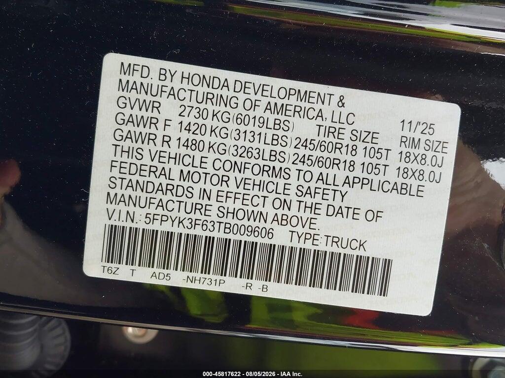 5FPYK3F63TB009606 2026 HONDA RIDGELINE photo no. 9