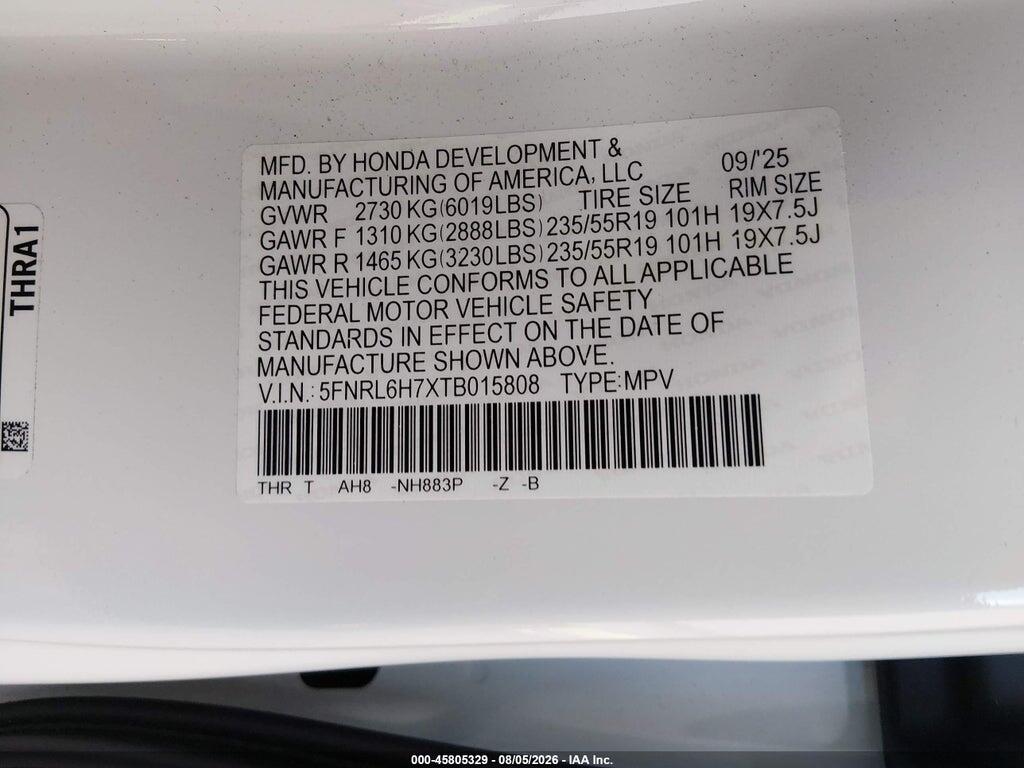 5FNRL6H7XTB015808 2026 HONDA ODYSSEY photo no. 9