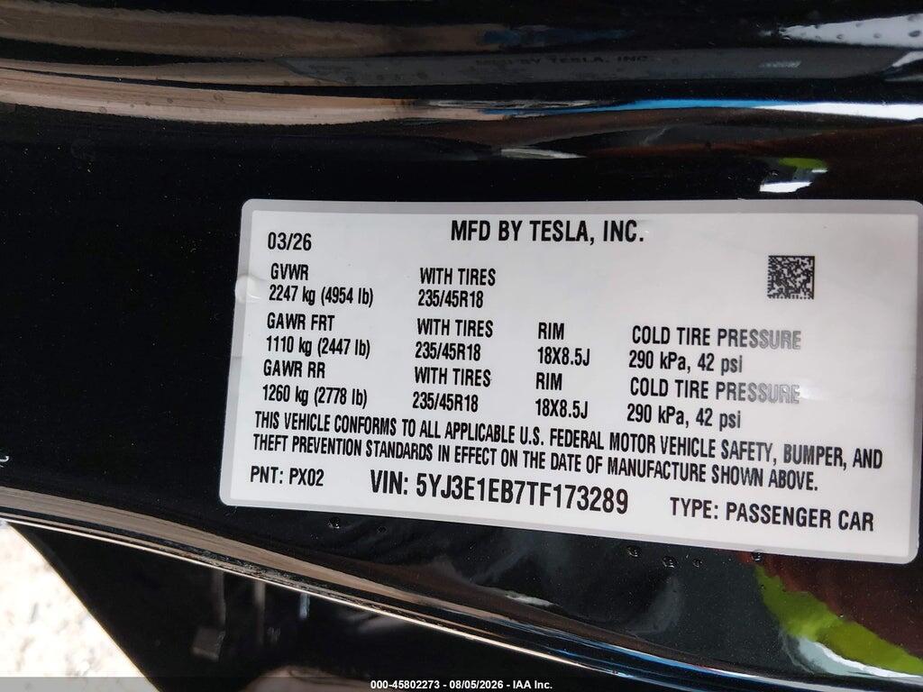 5YJ3E1EB7TF173289 2026 TESLA MODEL 3 photo no. 9
