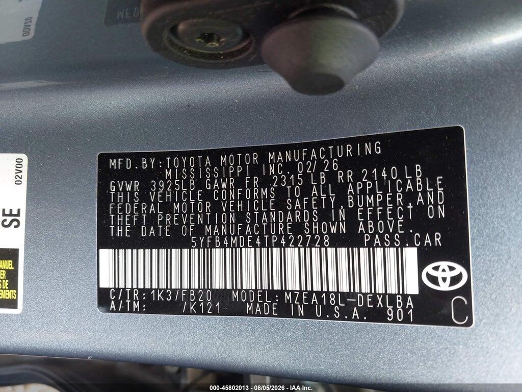 5YFB4MDE4TP422728 2026 TOYOTA COROLLA photo no. 9