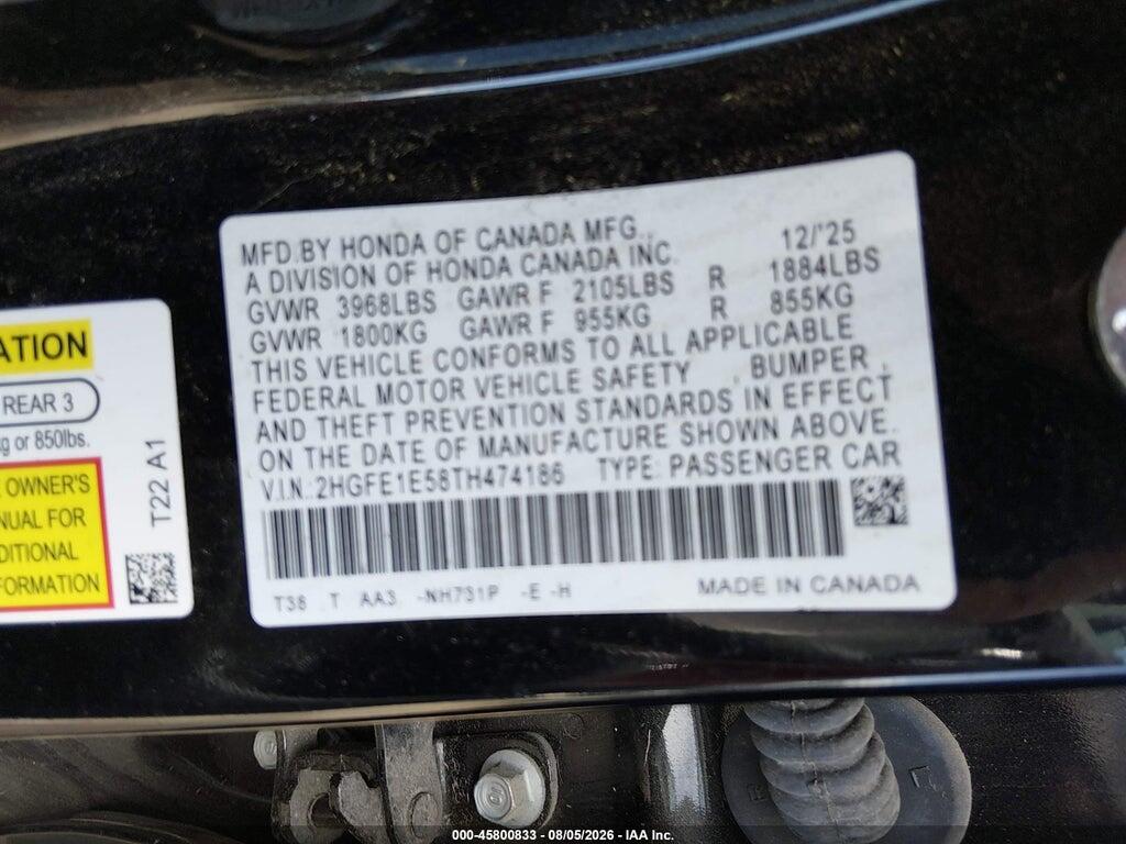 2HGFE1E58TH474186 2026 HONDA CIVIC SI photo no. 9