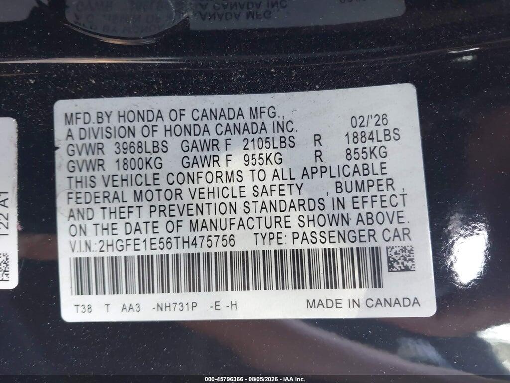 2HGFE1E56TH475756 2026 HONDA CIVIC SI photo no. 9
