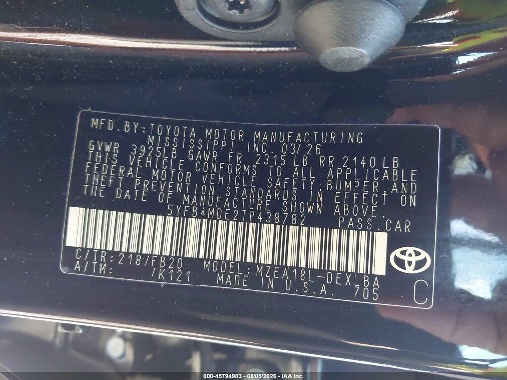 5YFB4MDE2TP438782 2026 TOYOTA COROLLA photo no. 9
