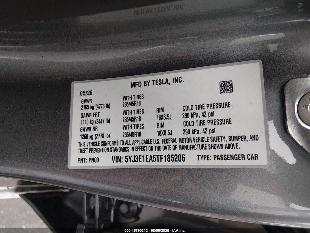 5YJ3E1EA5TF185206 2026 TESLA MODEL 3 photo no. 9
