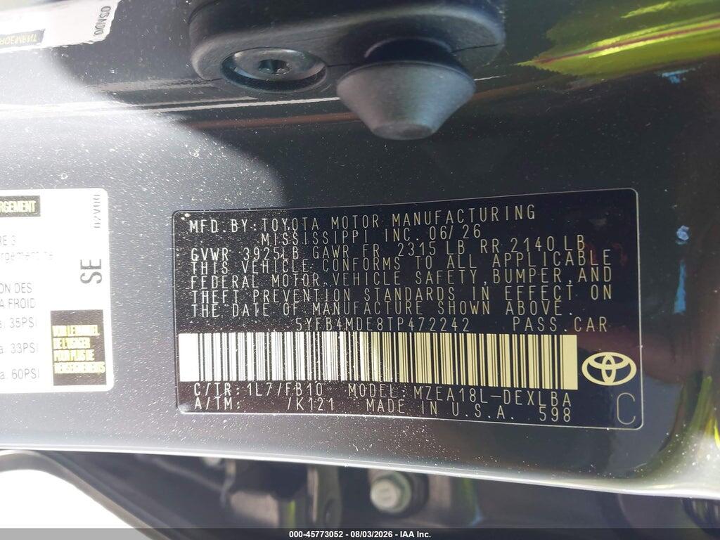 5YFB4MDE8TP472242 2026 TOYOTA COROLLA photo no. 9
