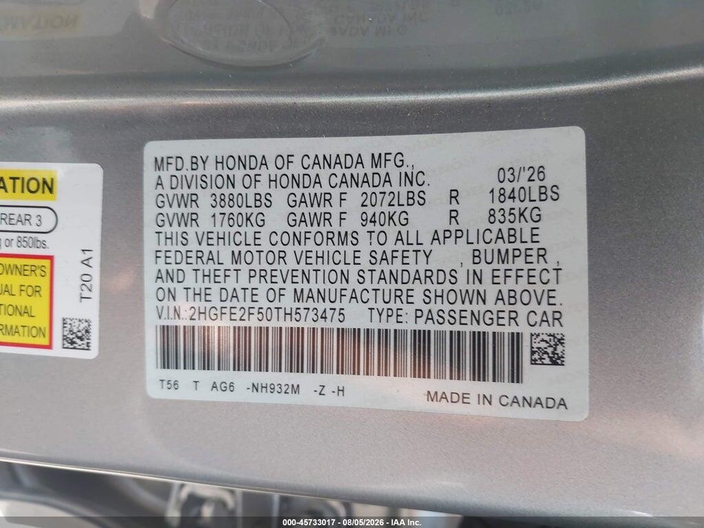 2HGFE2F50TH573475 2026 HONDA CIVIC photo no. 9
