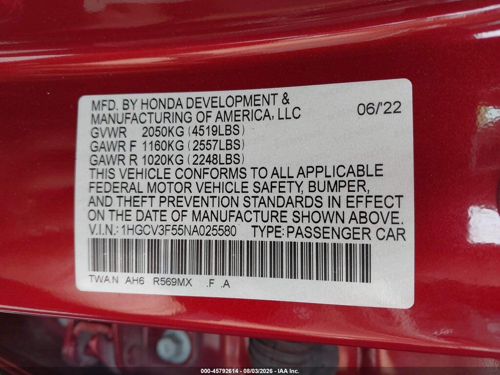 1HGCV3F55NA025580 2022 HONDA ACCORD photo no. 9