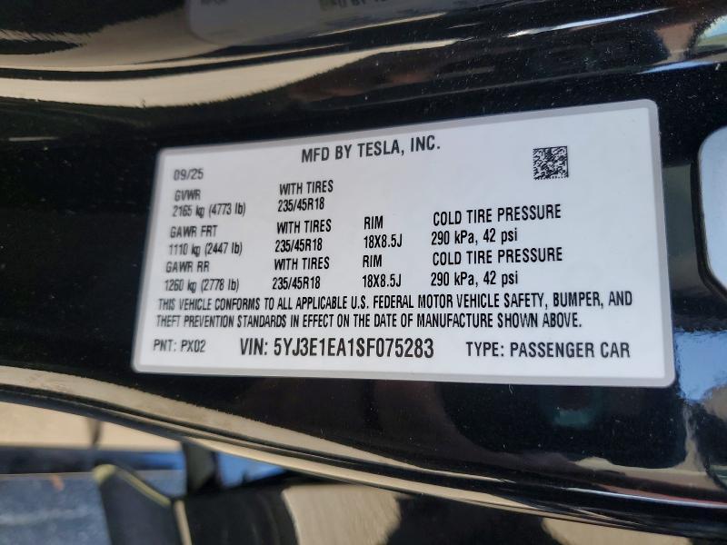 5YJ3E1EA1SF075283 2025 TESLA MODEL 3 photo no. 12