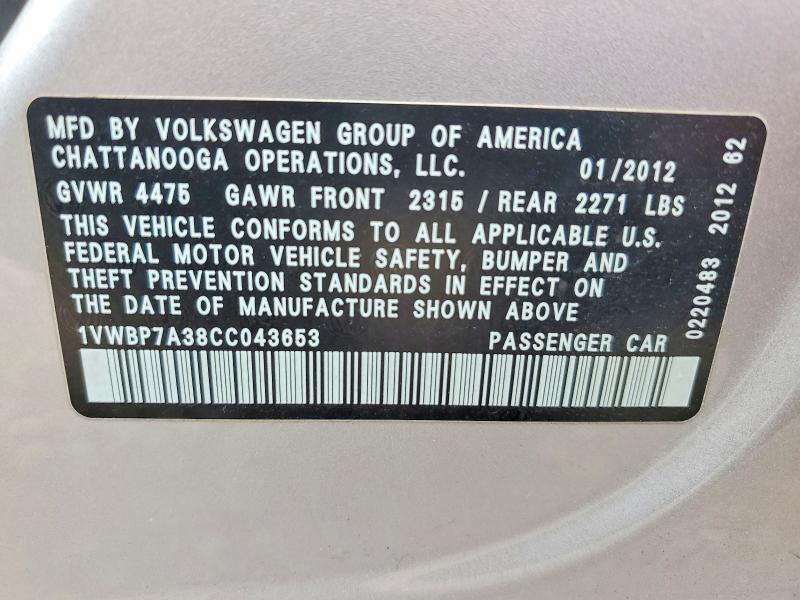 2012 VOLKSWAGEN PASSAT SE — Фото 12 из 12