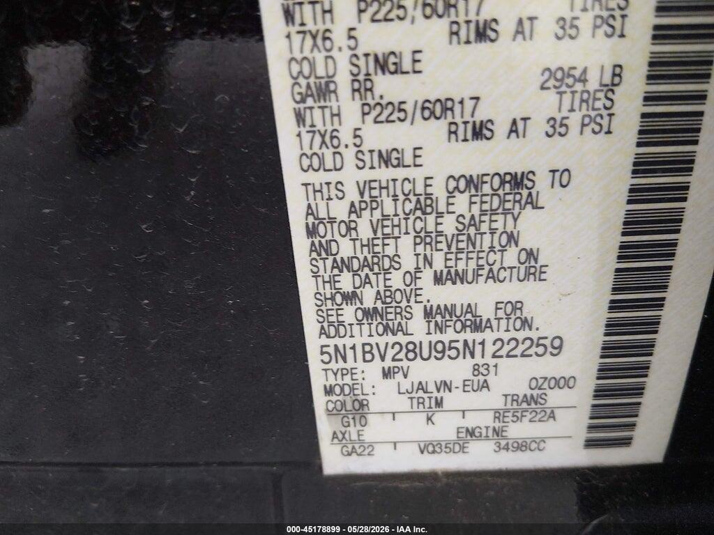 5N1BV28U95N122259 2005 NISSAN QUEST photo no. 9