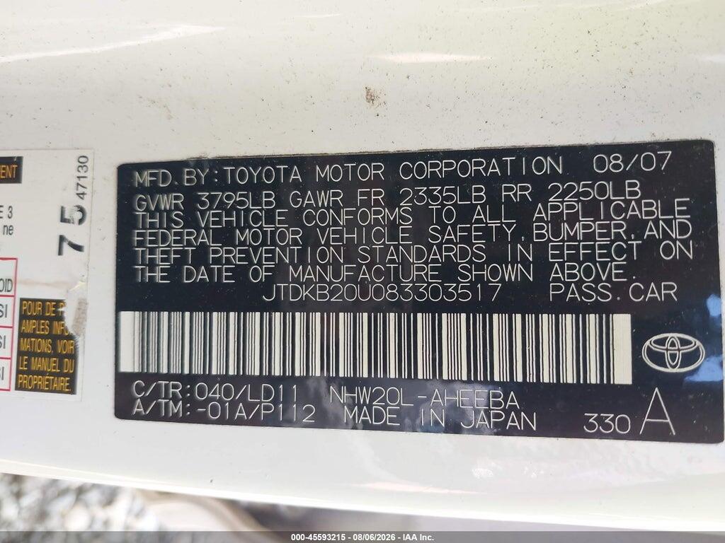 JTDKB20U083303517 2008 TOYOTA PRIUS photo no. 9