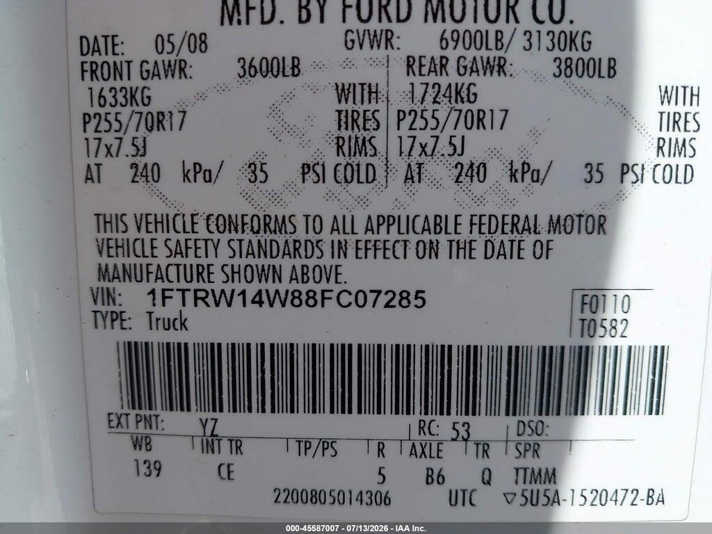 1FTRW14W88FC07285 2008 FORD F-150 photo no. 9