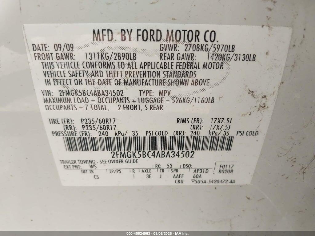 2FMGK5BC4ABA34502 2010 FORD FLEX photo no. 9