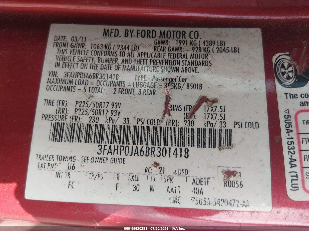 3FAHP0JA6BR301418 2011 FORD FUSION photo no. 9