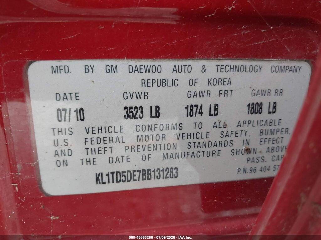 KL1TD5DE7BB131283 2011 CHEVROLET AVEO photo no. 9