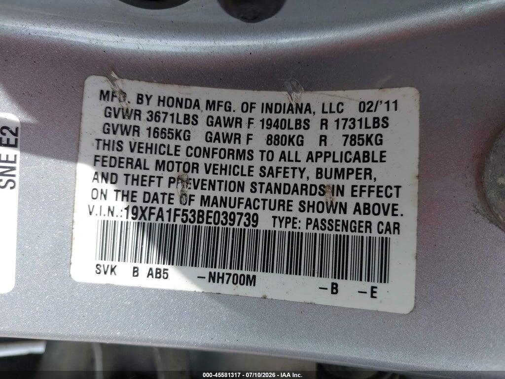 19XFA1F53BE039739 2011 HONDA CIVIC photo no. 9