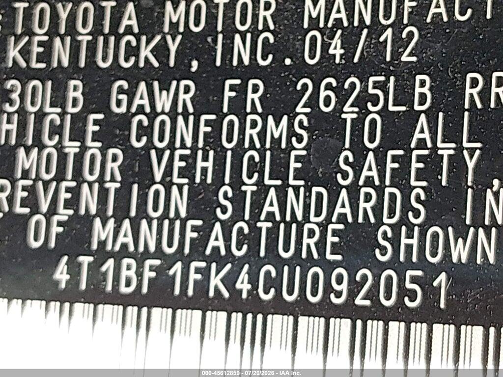 4T1BF1FK4CU092051 2012 TOYOTA CAMRY photo no. 9