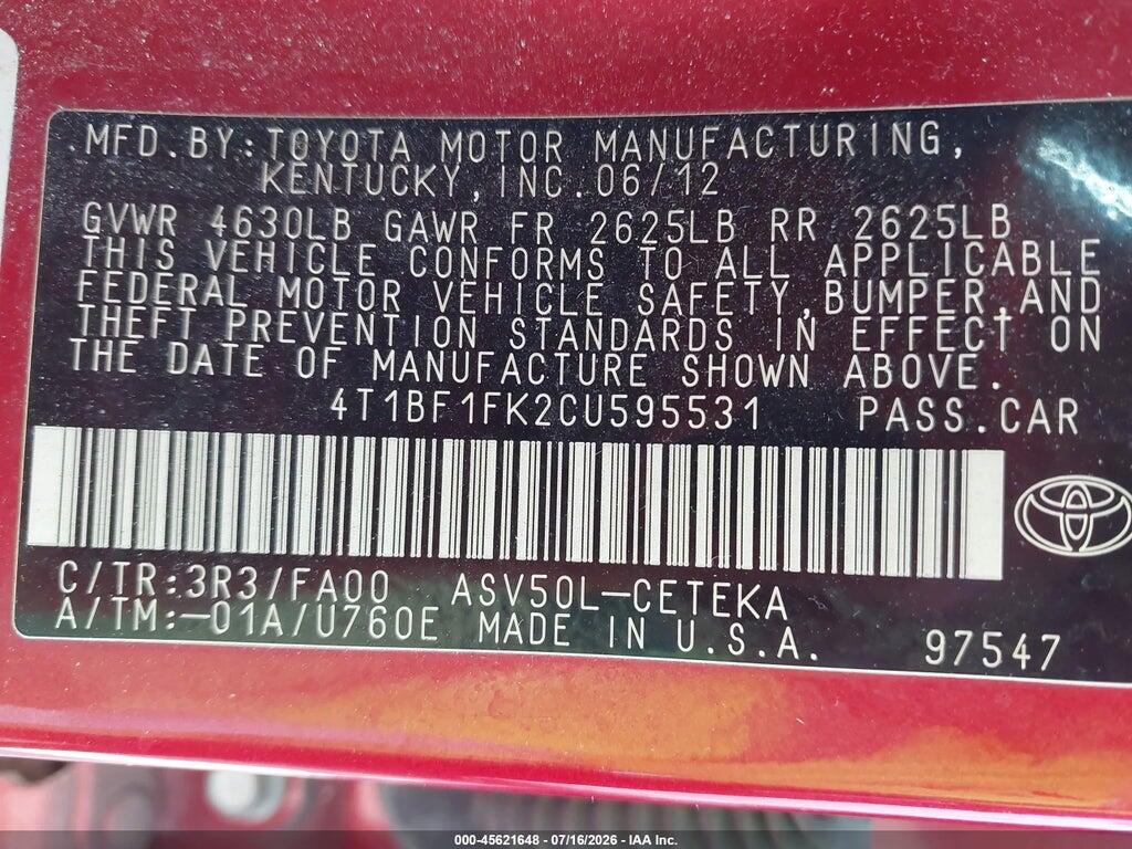 4T1BF1FK2CU595531 2012 TOYOTA CAMRY photo no. 9
